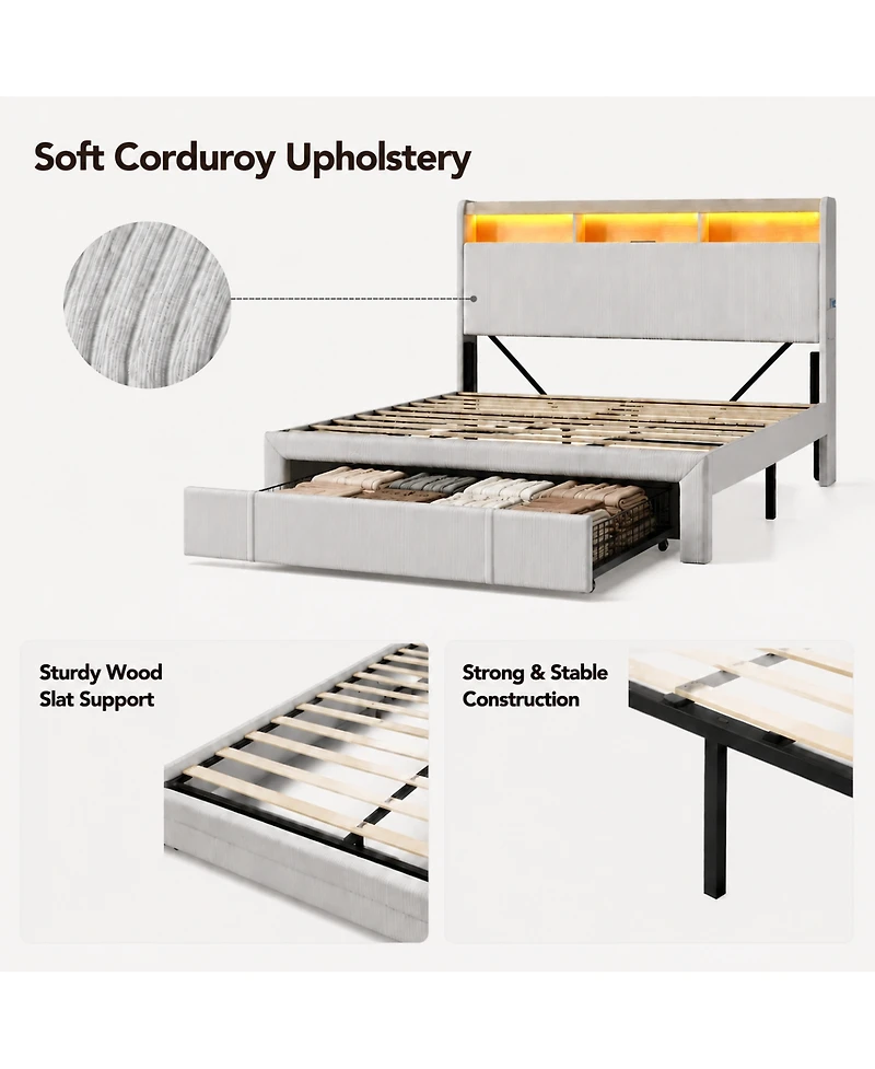 Streamdale Furniture Queen-Size Upholstered Storage Bed with Led Lights, Charging Station and Drawers