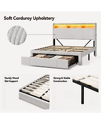 Streamdale Furniture Queen-Size Upholstered Storage Bed with Led Lights, Charging Station and Drawers