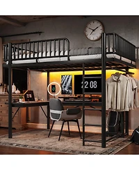 Streamdale Furniture Queen Metal Loft Bed with L-Shaped Desk, Led Lights, and Charging Station