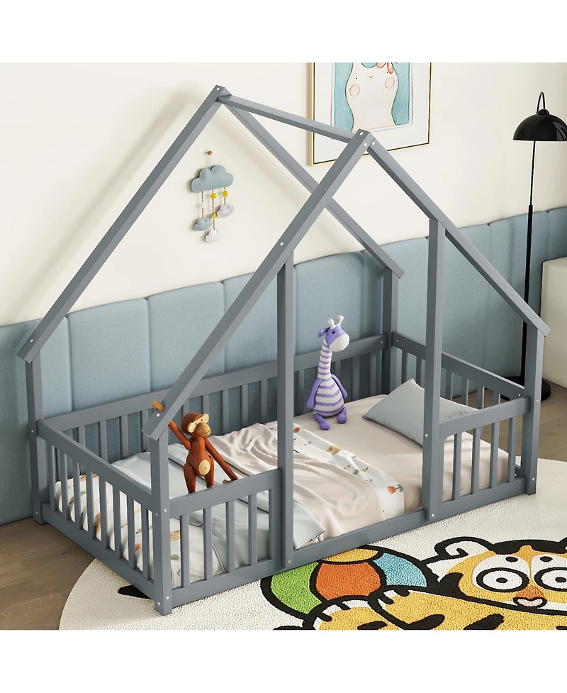 Sailvan Twin Wood House-Shaped Floor Bed with Fence, Guardrails