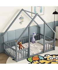 Sailvan Twin Wood House-Shaped Floor Bed with Fence, Guardrails