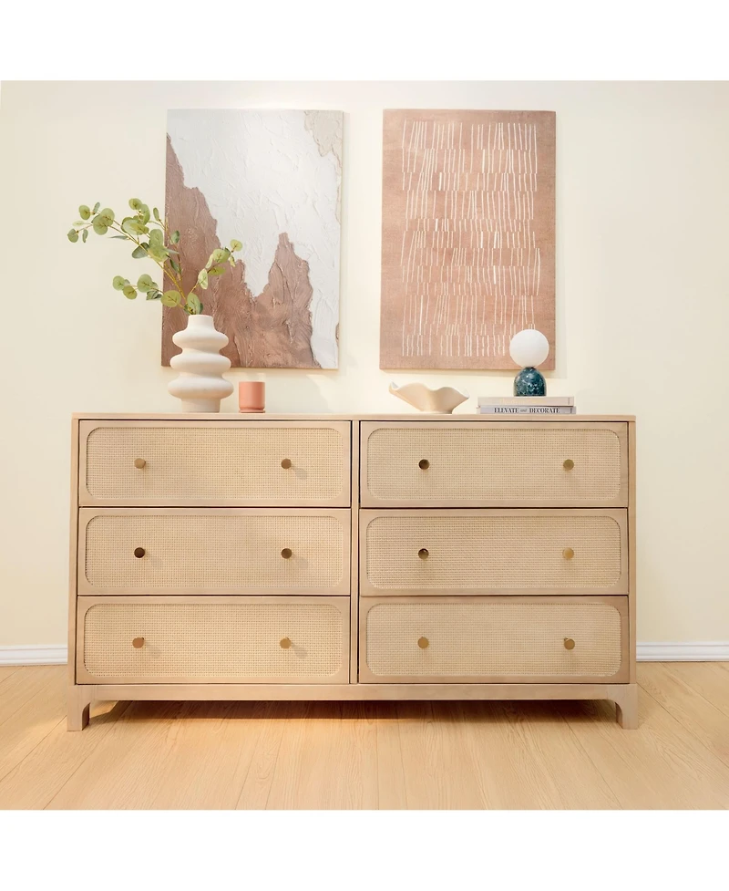 Plank+Beam Elio Rattan 6 Drawer Dresser with Brass Knob