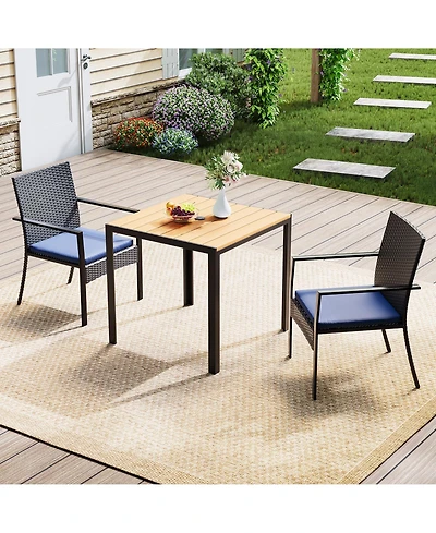 homfan 3-Piece Patio Dining Set with Square Table, 2 Chairs, Umbrella Hole and Cushions, Pe Wicker Outdoor Furniture for Backyard, Garden or Poolside