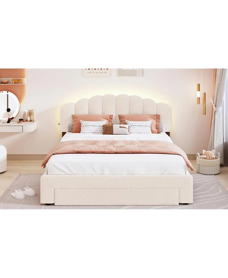 Streamdale Furniture Teddy Fleece Queen Upholstered Platform Bed with Drawer