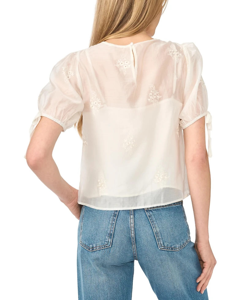 CeCe Women's Bubble Short-Sleeve Shirred Crewneck Blouse
