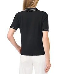 CeCe Women's Contrast-Stitch Short-Sleeve Polo Collared Sweater