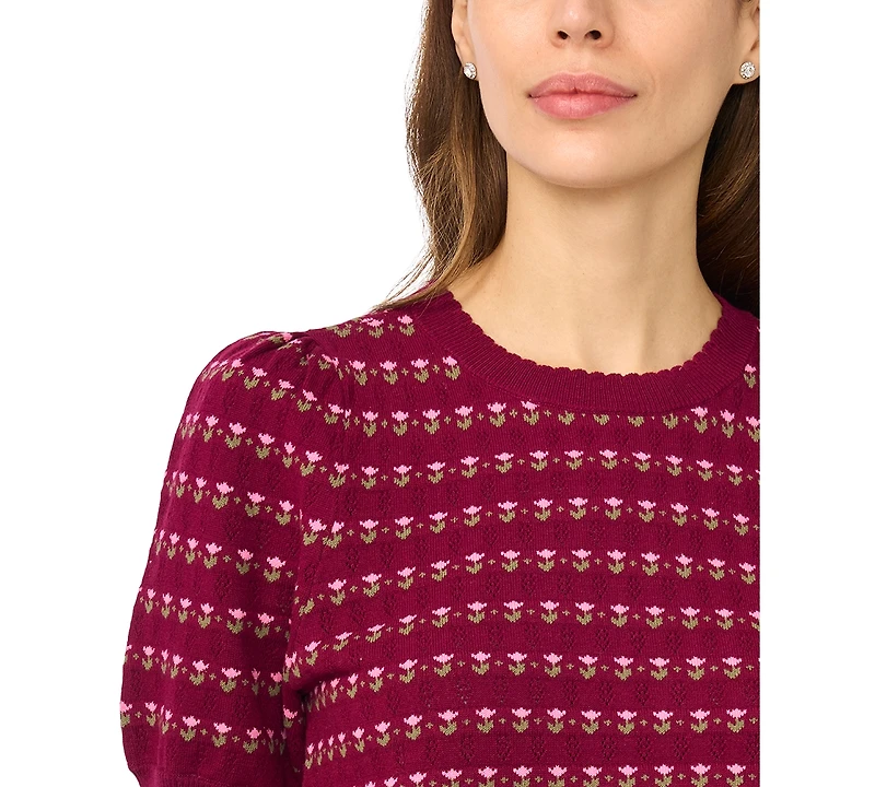 CeCe Women's Flower Pointelle Crewneck Short-Sleeve Cotton Sweater