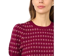 CeCe Women's Flower Pointelle Crewneck Short-Sleeve Cotton Sweater