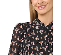 CeCe Women's Hidden-Placket Collared 3/4-Sleeve Blouse