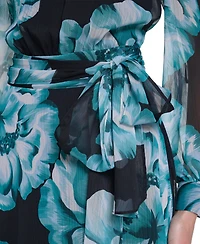 Calvin Klein Women's Long-Sleeve Floral Chiffon Mock Neck Midi Dress