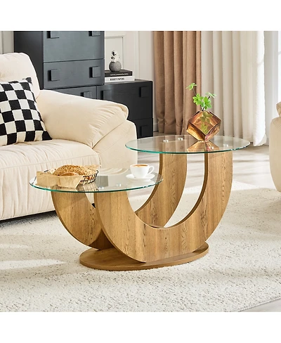 Streamdale Furniture Creative U-Shaped Double-Tier Glass Coffee Table with Wood-Grain Base