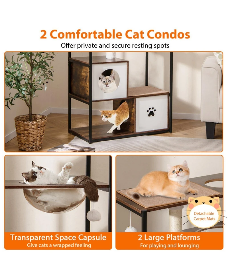 Hongge Metal-Frame Cat Tree with Two Enclosed Condos