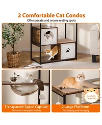 Hongge Metal-Frame Cat Tree with Two Enclosed Condos