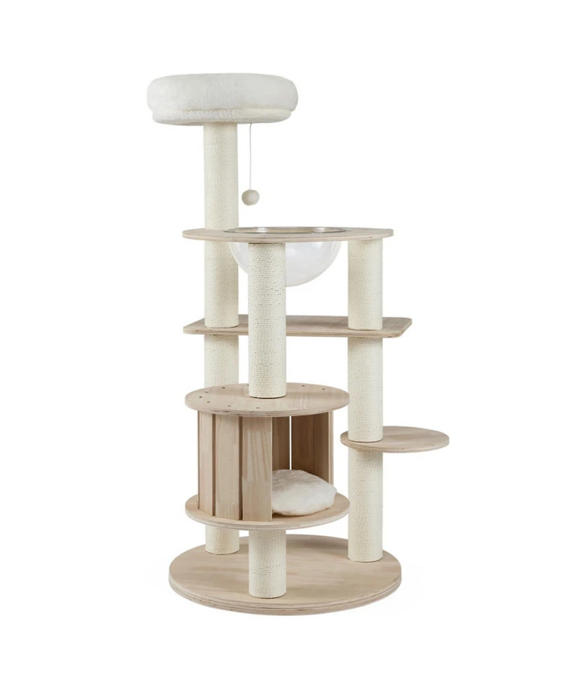Hongge Wooden 52 Inch Cat Tree Tower with Enclosed Space Capsule