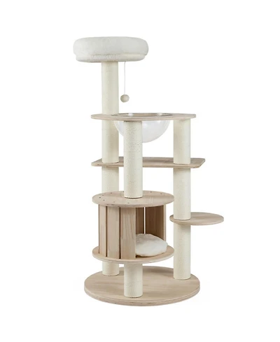 Hongge Wooden 52 Inch Cat Tree Tower with Enclosed Space Capsule