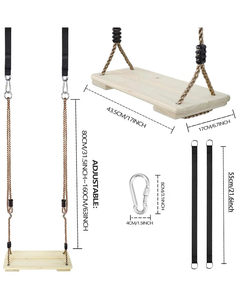 Piscifun Adjustable Nylon Rope Wooden Swing Seat With Hanging Tree Straps For Patio Yard Porch