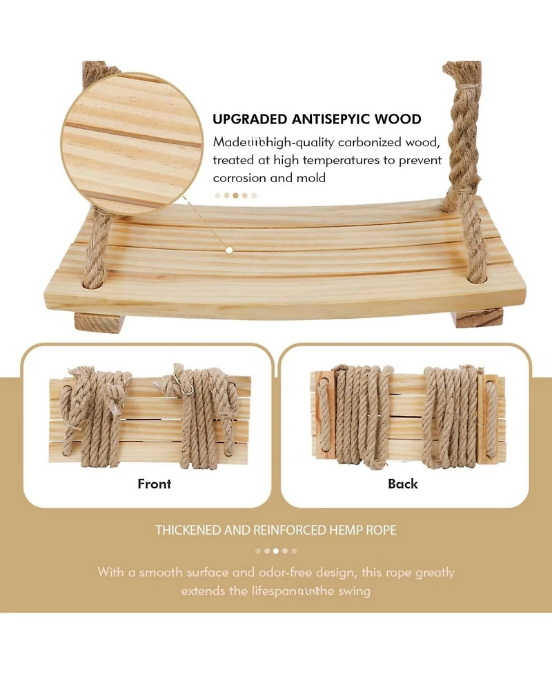 Piscifun Upgraded Wooden Swing Seat Adjustable Rope Straps Indoor Outdoor 500lbs Load
