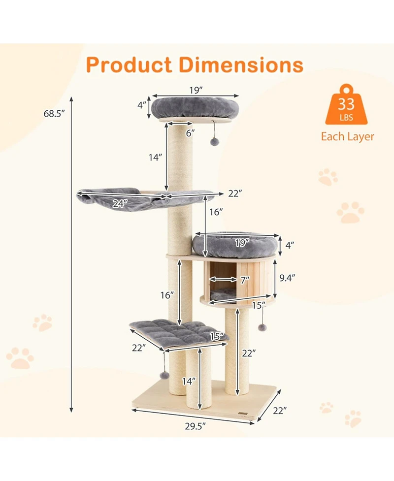 Hongge 68.5-Inch 4-Layer Wooden Cat Tree Tower with Sisal Posts