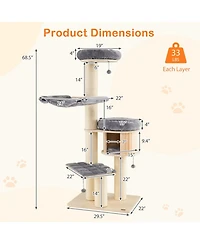 Hongge 68.5-Inch 4-Layer Wooden Cat Tree Tower with Sisal Posts