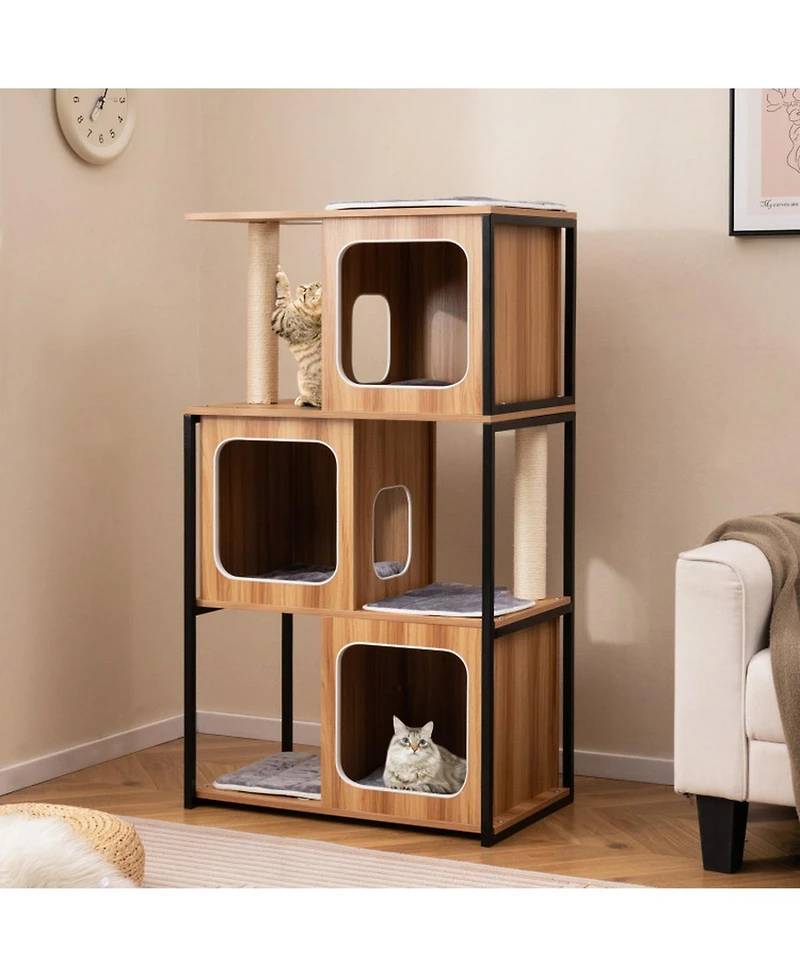 Hongge Metal-Frame Modern Cat Tree with Enclosed Cat House, 52 Inch