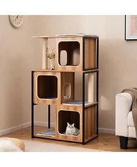 Hongge Metal-Frame Modern Cat Tree with Enclosed Cat House, 52 Inch