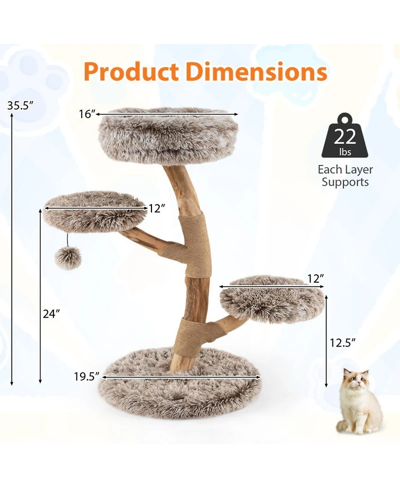 Hongge Pear Wood Cat Tree with Jute Scratching Posts, 35.5 Inch