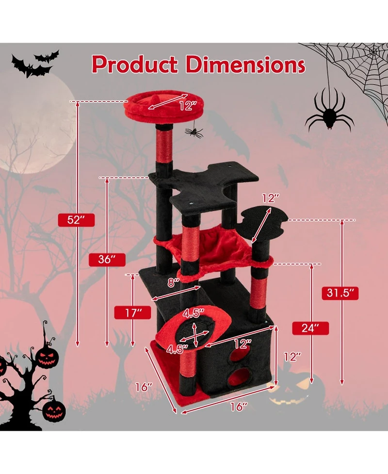 Hongge Gothic Cat Tree Tower with Dangling Spider Toy, 52 Inch