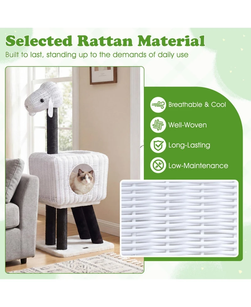 Hongge Lamb-Shaped 43 Inch Cat Tower with 2-Door Rattan Condo