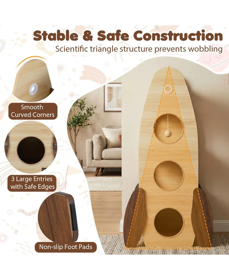 Hongge Rocket-Shaped 47 Inch Wooden Cat Tower with 2-Tier Condo