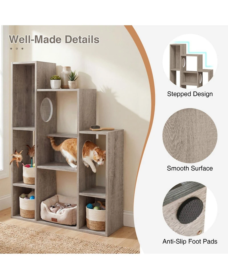 Hongge Modern Cat Bookshelf Tree with 8-Section Storage Cabinet