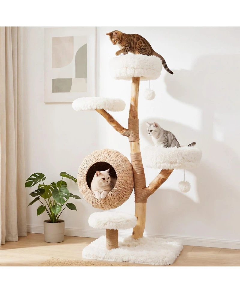 Hongge Five-Tier Wooden Cat Tree with Hand-Woven Cattail Condo