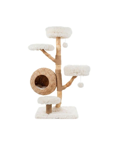 Hongge Five-Tier Wooden Cat Tree with Hand-Woven Cattail Condo