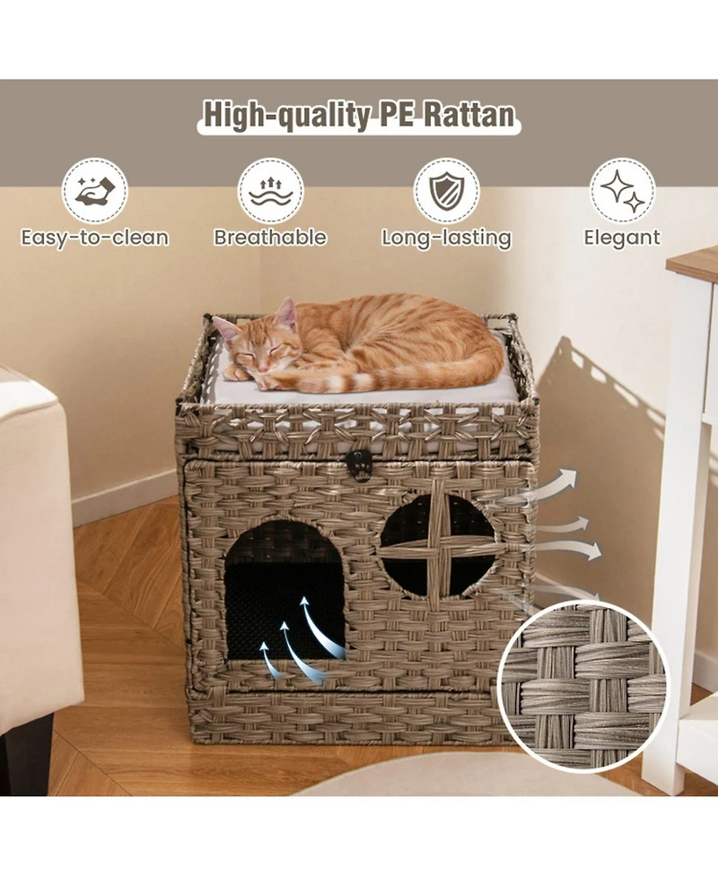 Hongge Foldable 2-Tier Rattan Cat Litter Box Enclosure with Litter Mat and Cushioned Top