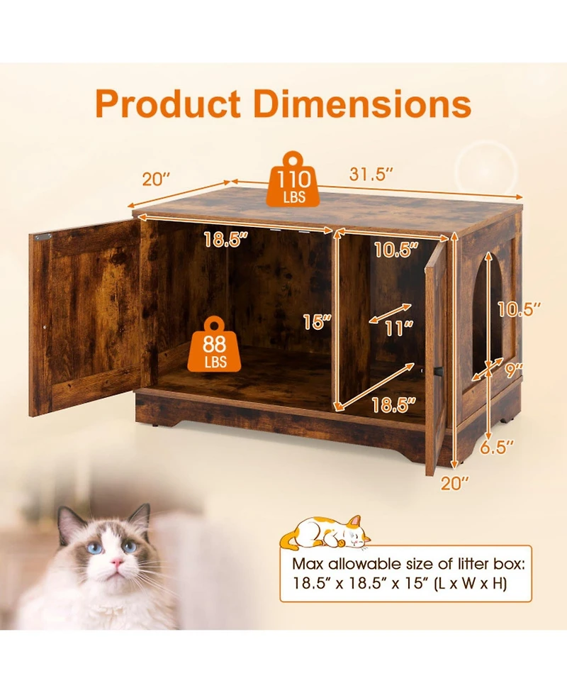 Hongge Wooden Cat Litter Box Enclosure with Dual Doors End Side Table and Nightstand