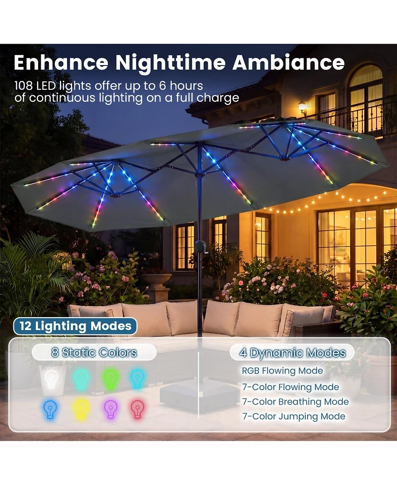 Sugift 13 Feet Double-Sided Patio Umbrella with Color Changing Flowing Solar Led Lights