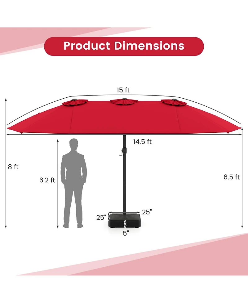 Sugift 15 Feet Double-Sided Twin Patio Umbrella with Crank and Base
