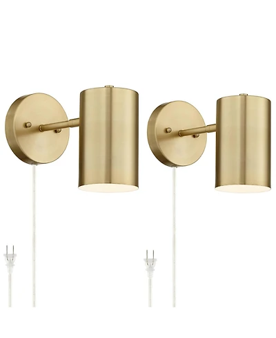 360 Lighting Carla Modern Wall Lamps Set of 2 Polished Brass Plug-in 5" Light Fixture Cylinder Down Metal Shade for Bedroom Reading Living Room Home