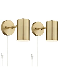 360 Lighting Carla Modern Wall Lamps Set of 2 Polished Brass Plug-in 5" Light Fixture Cylinder Down Metal Shade for Bedroom Reading Living Room Home