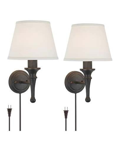 Regency Hill Braid Rustic Vintage Wall Light Sconces Set of 2 Smart Sockets Bronze Copper Plug-In 7" Fixture Ivory Shades for Bedroom