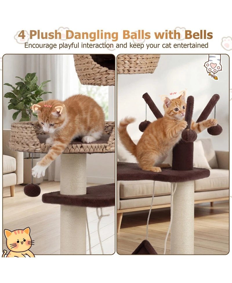 Hongge Multi-Level Cat Tree Tower with Woven Cattail Condo, 48 Inch