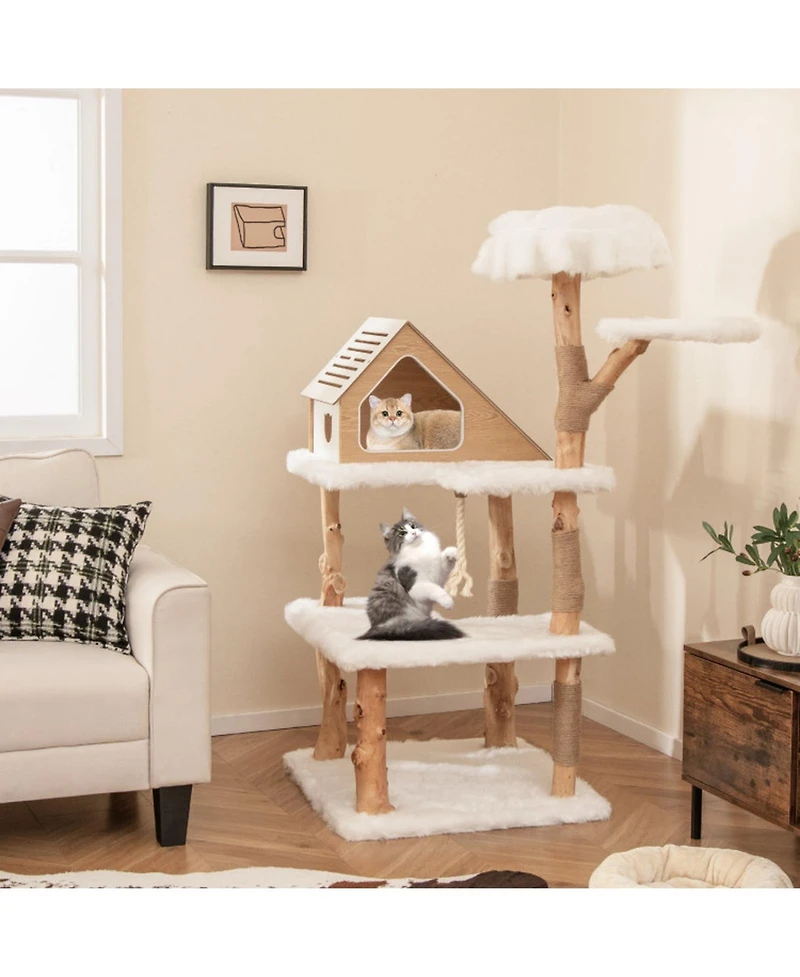 Hongge 60-Inch Wooden Cat Tree Tower with Two Padded Perches