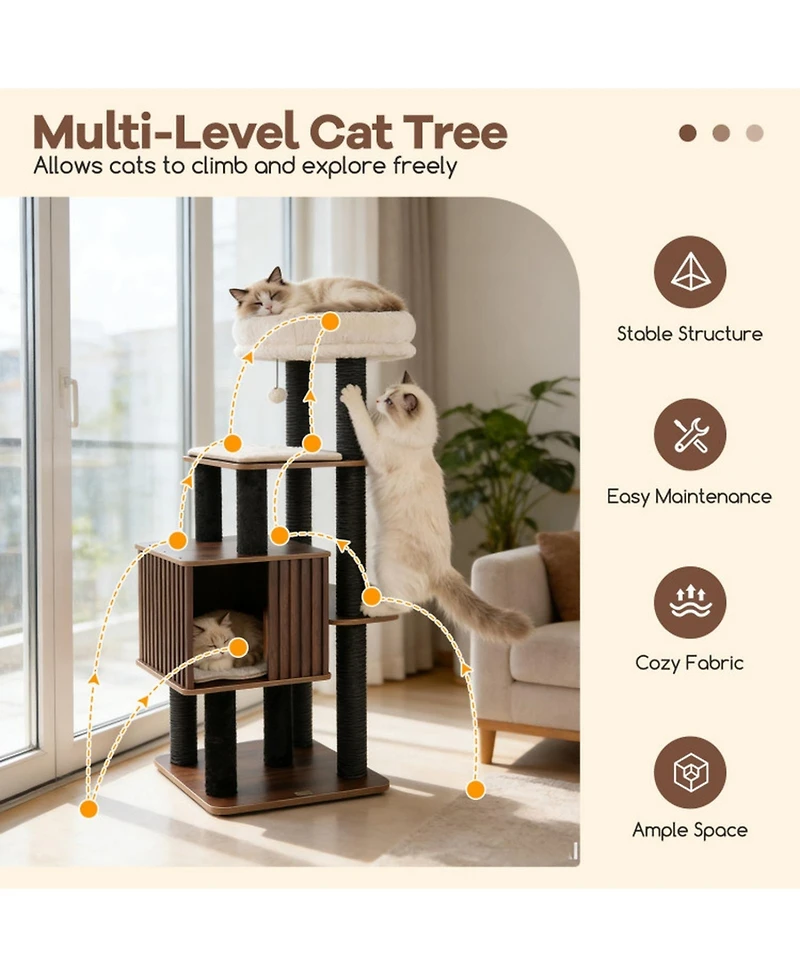 Hongge 53.5 Inch Wooden Cat Tower with Extra-Wide Padded Top Perch