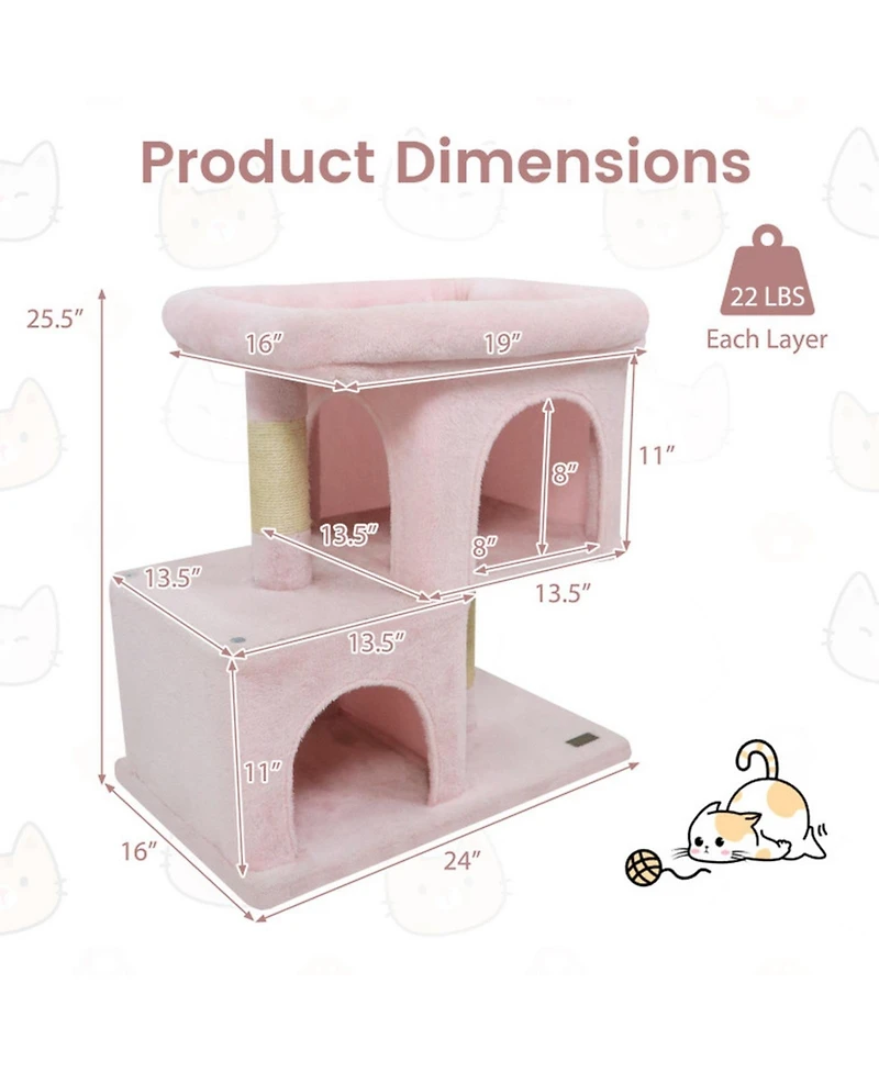 Hongge Low-Profile Cat Tower with Two Roomy Cat Condos, 25.5 Inch