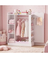 Hongge Kids Wardrobe Storage Closet with Full-Length Mirror Hanging Rack and Open Shelves