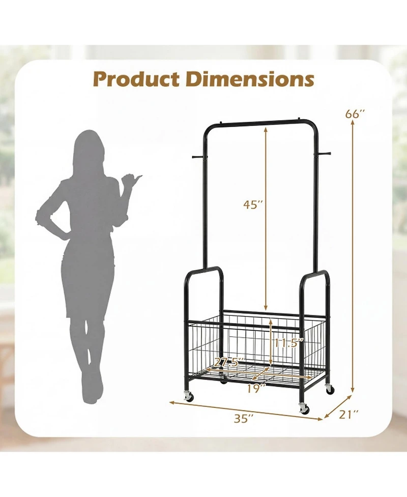 Hongge Rolling Metal Clothes Rack with Hanging Rod and Large Storage Basket