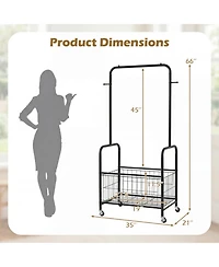 Hongge Rolling Metal Clothes Rack with Hanging Rod and Large Storage Basket