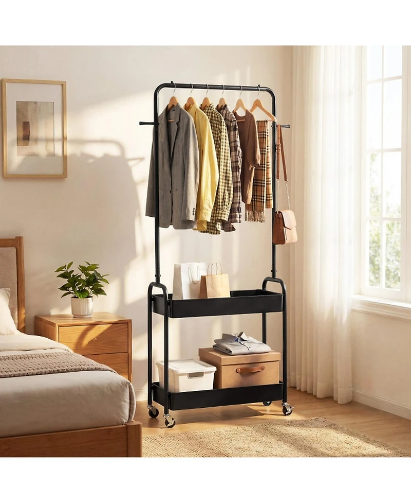 Hongge Heavy-Duty Rolling Clothes Rack with Hanging Rod and 2 Storage Baskets