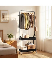Hongge Heavy-Duty Rolling Clothes Rack with Hanging Rod and 2 Storage Baskets