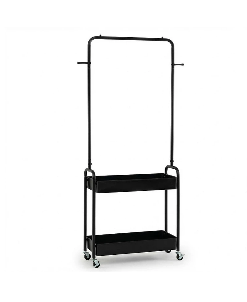 Hongge Heavy-Duty Rolling Clothes Rack with Hanging Rod and 2 Storage Baskets