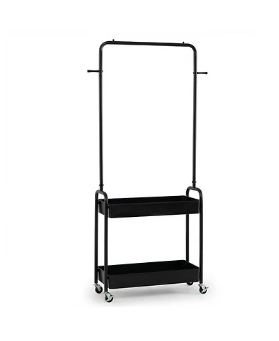 Hongge Heavy-Duty Rolling Clothes Rack with Hanging Rod and 2 Storage Baskets